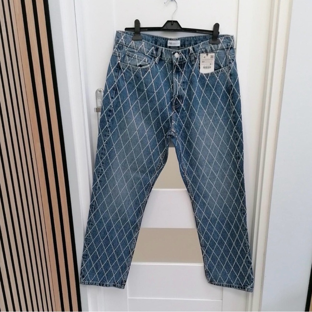 Zara Blue Diamond Pattern Straight Jeans